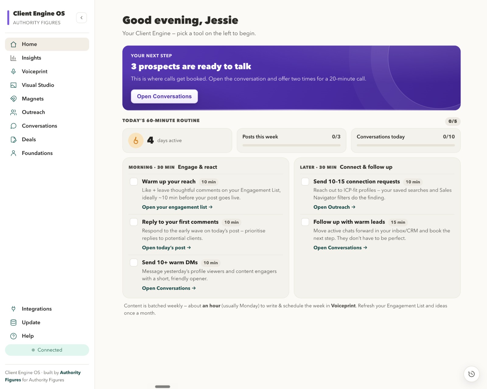 Client Engine OS dashboard: daily next step, 60-minute routine and all nine tools in one place