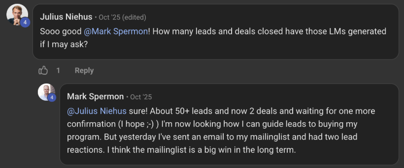 Community post: booked first inbound lead through content, closed at $3,500/mo